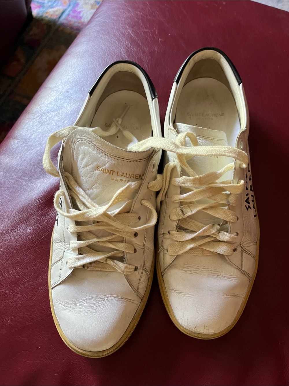 Saint Laurent White Leather Sneakers with Black Heel Tab and Tan Sole, size 9 - Picture 8 of 13